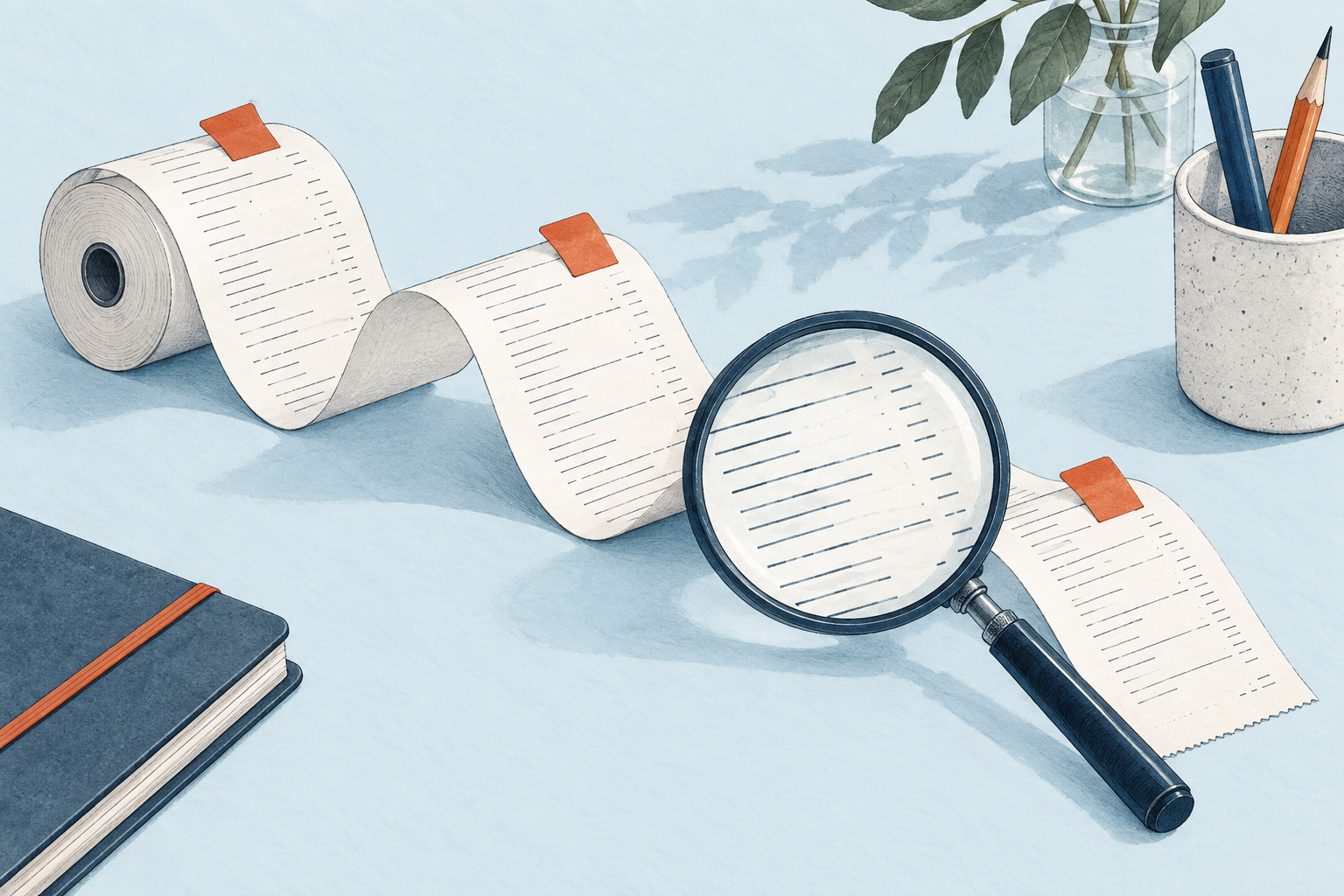 A carefully illustrated receipt spool and magnifying glass on an ice-blue desk